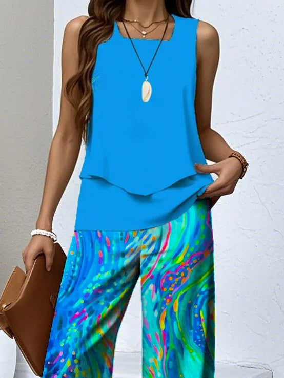 Women's Sleeveless Square Collar Graphic Printed Casual Set