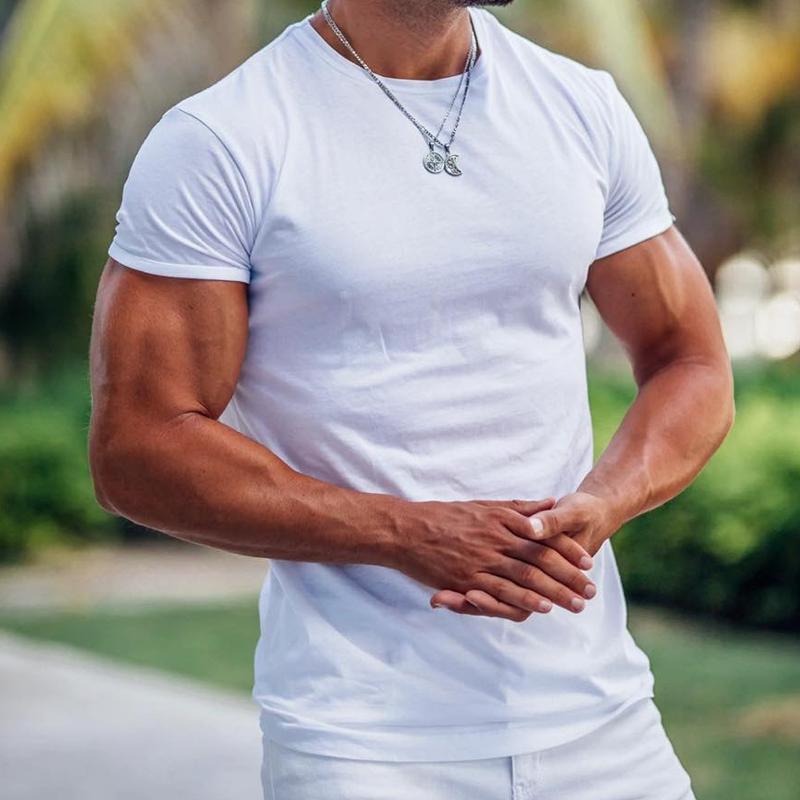 Men's Solid Round Neck Short Sleeve Sports Fitness T-shirt