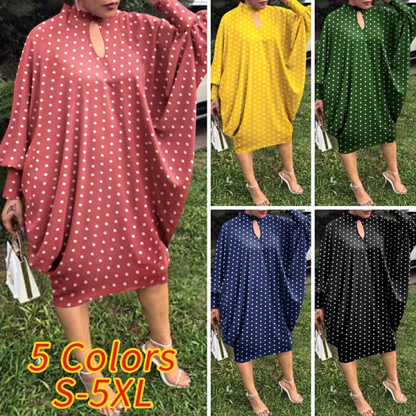 Women Fashion O Neck Long Sleeve Pleated Baggy Dresses Polka Dot Casual Vestido Plus Size