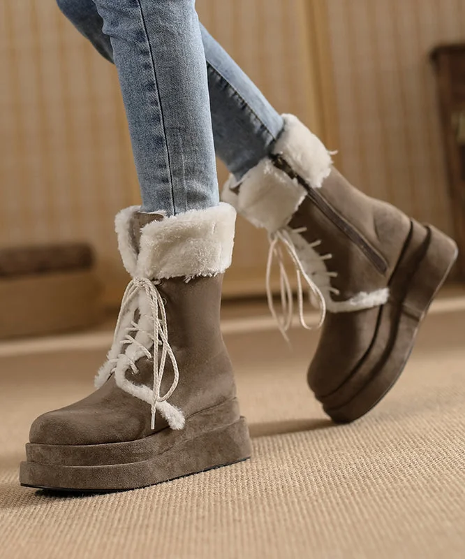 Brown Fuzzy Wool Lined Cross Strap Splicing Platform Boots