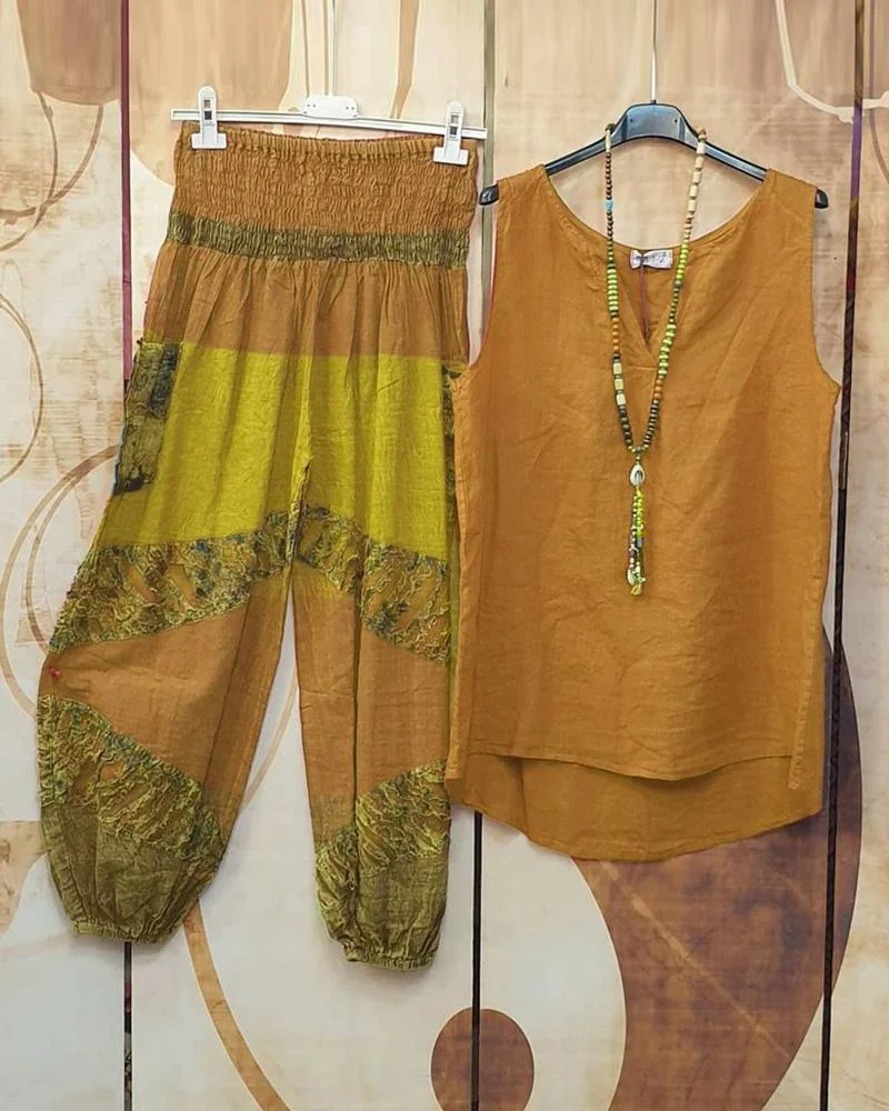 Women's Ethnic Style Print Sleeveless Casual Two-piece Suits