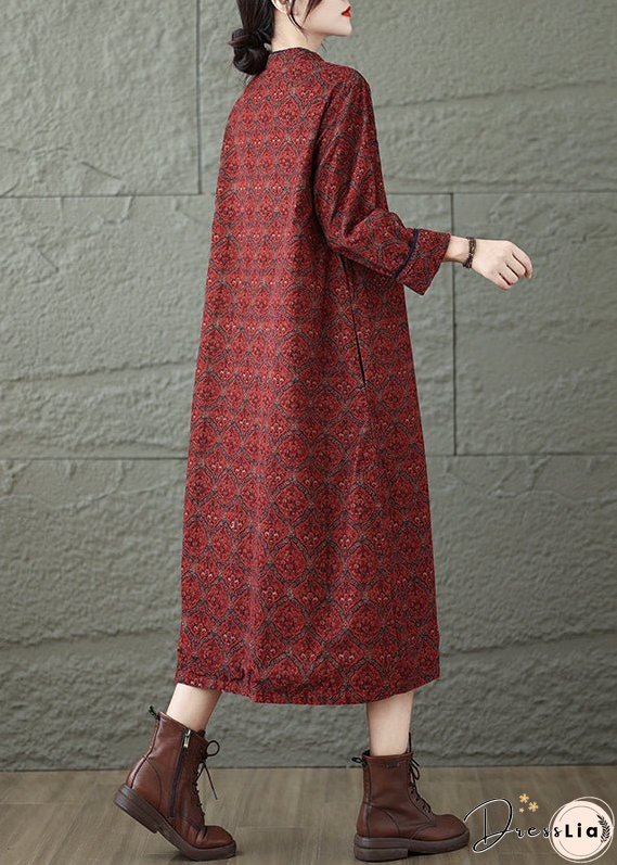 Vintage Red Stand Collar Print Oriental Button Cotton Dress Fall