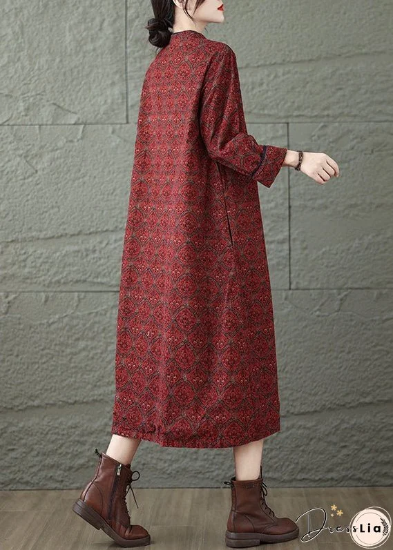 Vintage Red Stand Collar Print Oriental Button Cotton Dress Fall