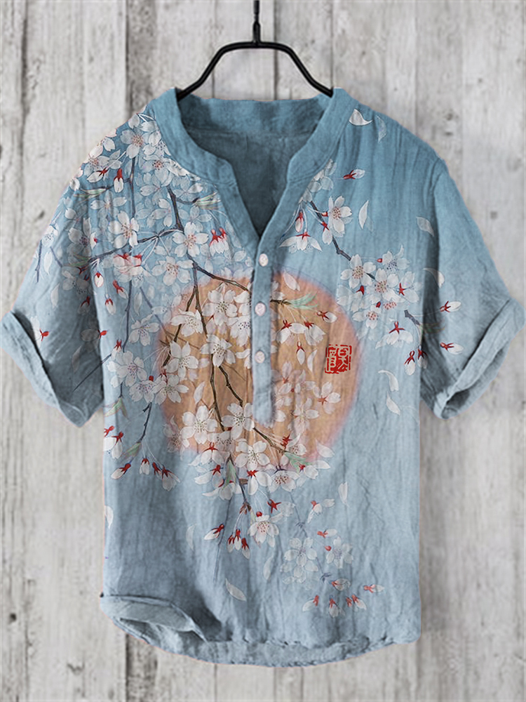 Cherry Blossom Full Moon Japanese Art Linen Blend Shirt wearshes