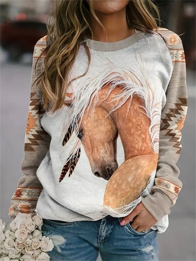 Women's Western Horse Print Long Sleeve Sweatshirt