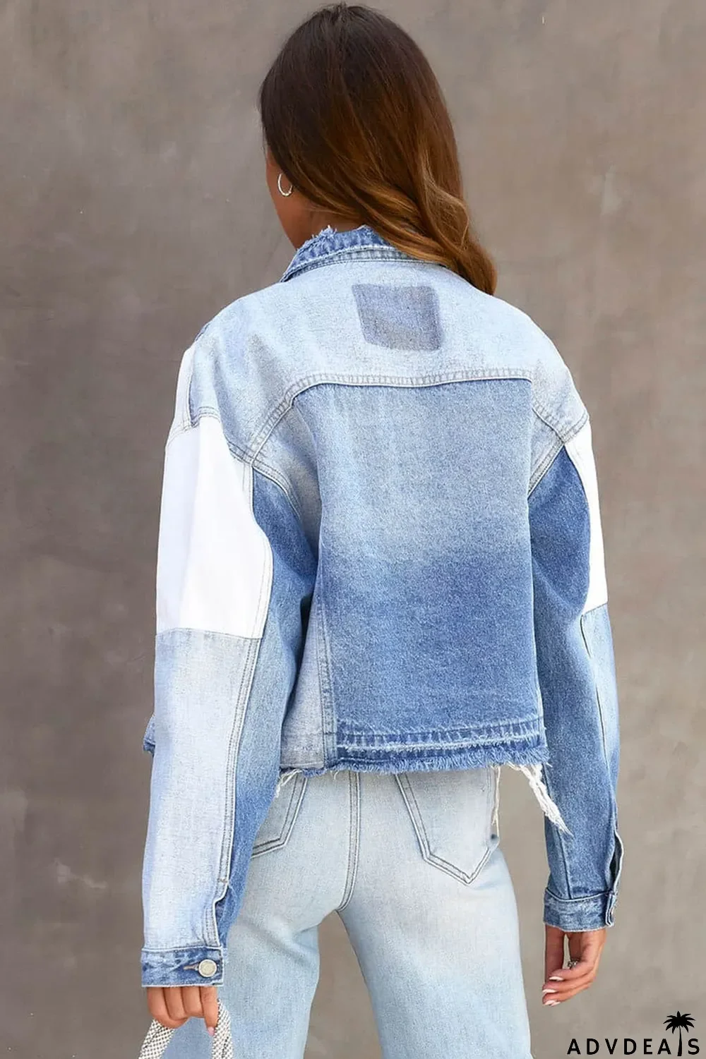 Sky Blue Color Block Denim Patchwork Frayed Hem Jacket