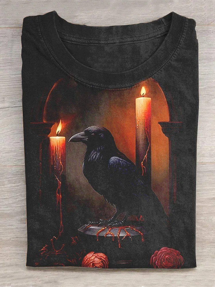 Plus Size Halloween Raven Art Print Casual T-Shirt VangoghDress