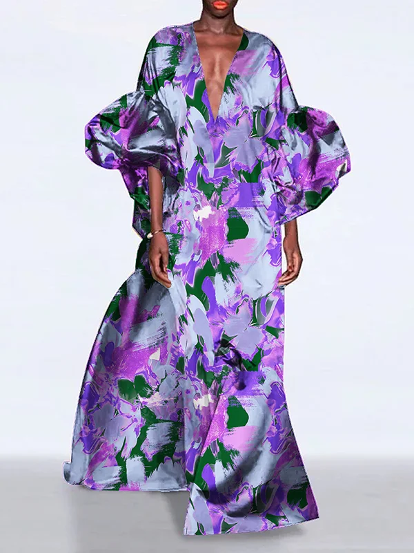 V-Neck Maxi Dress with A-Line Silhouette, Long Sleeves, Flower Print ...