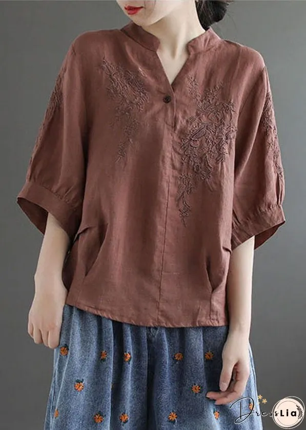 Women Coffee V Neck Embroideried Wrinkled Linen Blouse Top Lantern Sleeve