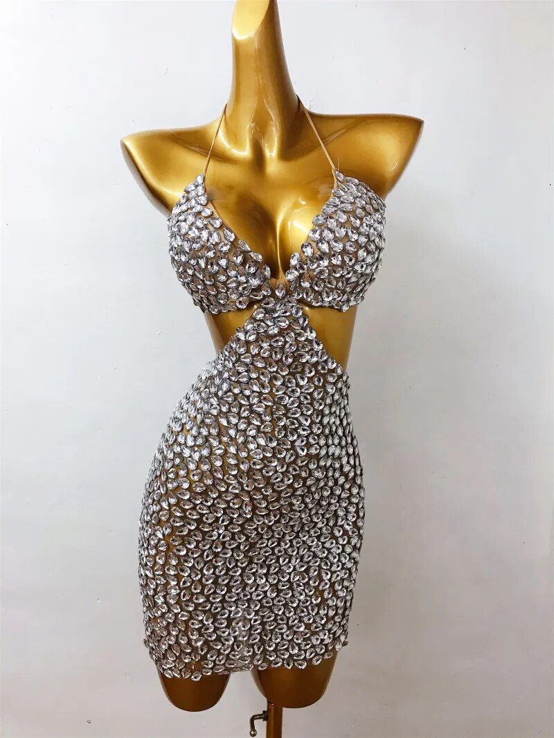 VCSHOES Backless V-neck Halter Rhinestones Dress Women Celebrity Singer Stage Performance Outfit Birthday Prom Party Costume