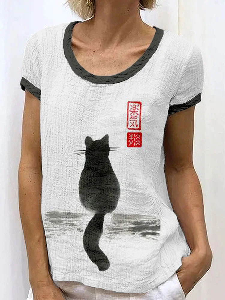 Comstylish Japanese Cat Art Linen Blend Cozy Shirt