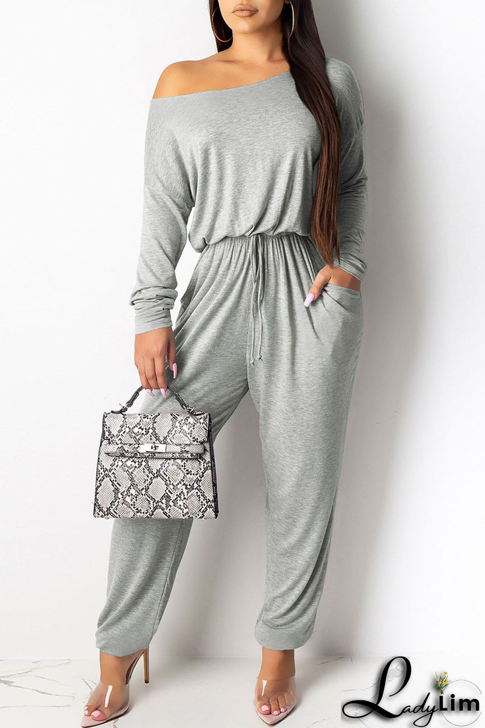 Grey Casual Solid Patchwork Frenulum Oblique Collar Straight Jumpsuits