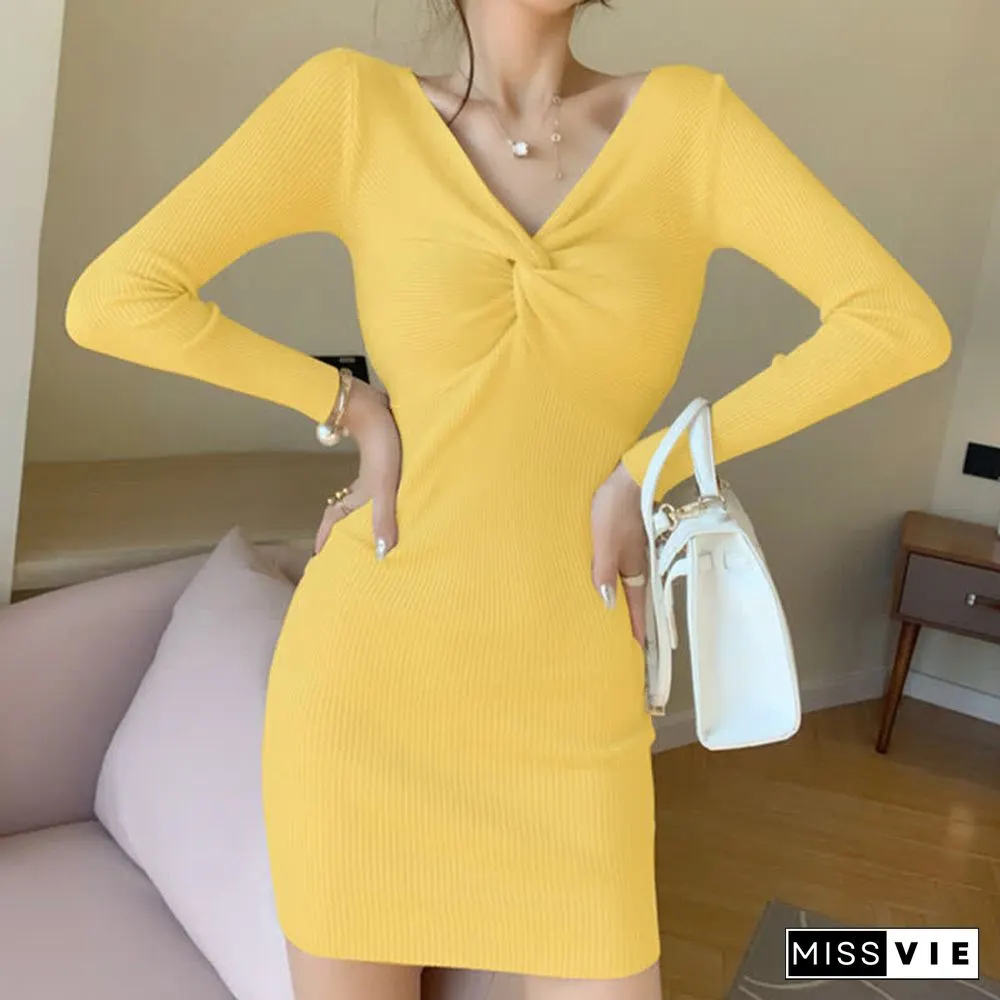 Pure Color V-neck Slim Knit Sweater Dress