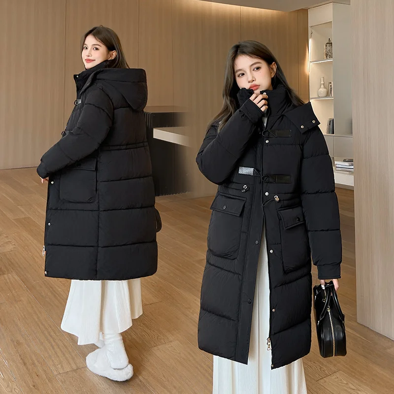Woherb Cotton-Padded Coat Coat Female New Winter Hooded Down Cotton Long Over The Knee Thick Waist Show Thin Cotton-Padded Jacket-Outfit Ideas