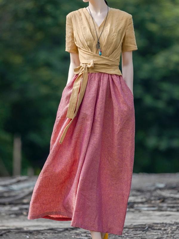 Ladies casual short sleeve cotton and linen dress-Mayoulove