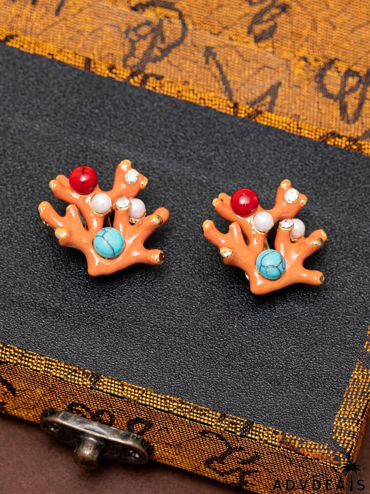 Faux Pearl & Rhinestone Decor Coral Stud Earrings