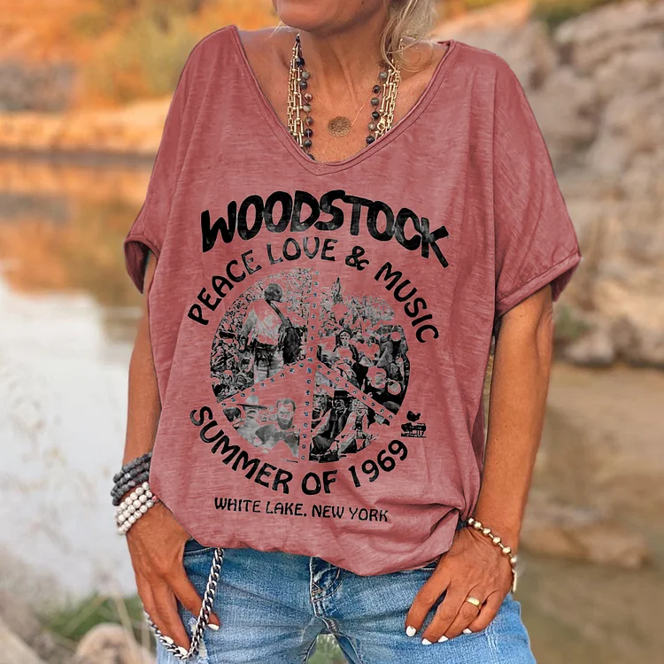 Woodstock Peace Love & Music Printed Hippie Tees