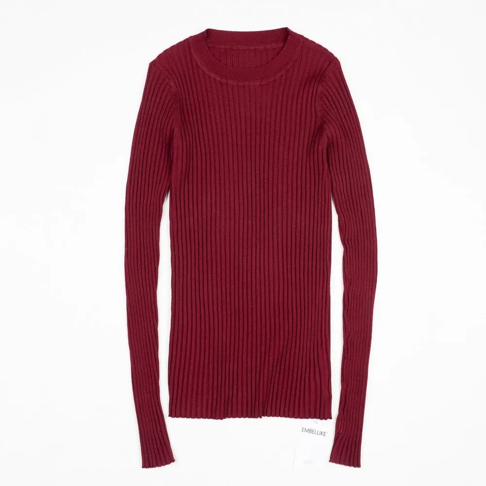 Women Sweater Pullover Basic Ribbed Sweaters Cotton Tops Knitted Solid Crew Neck With Thumb Hole