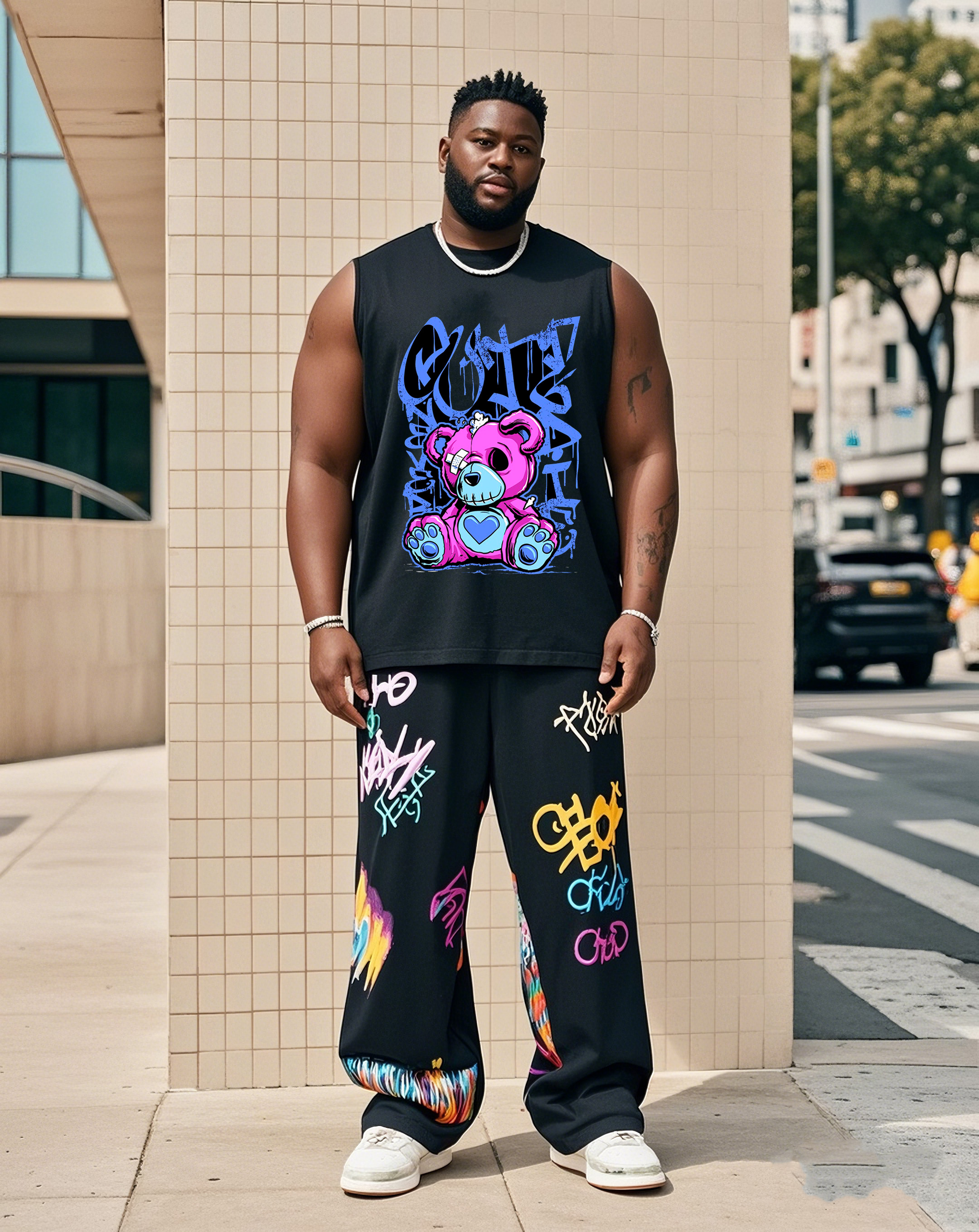 Men Plus Size Street Fashion Bear Graffiti Style Vest Trousers Suit