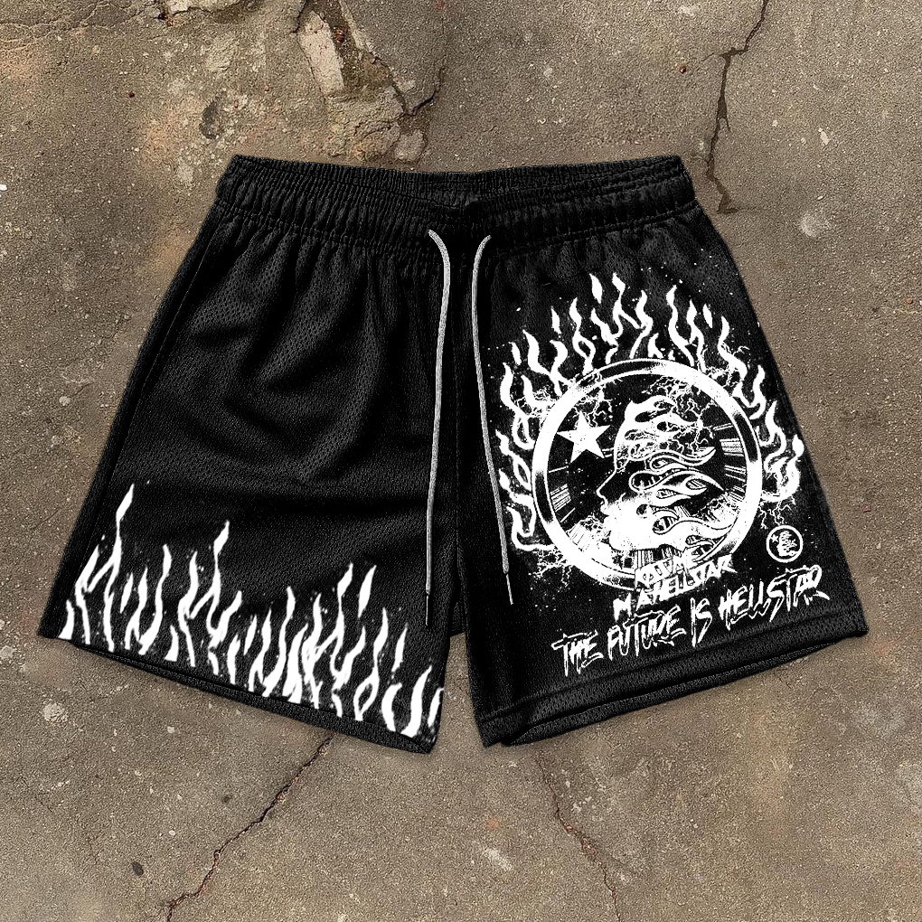 SOPULA Hellstar Flame Graphic Casual Street Mesh Shorts