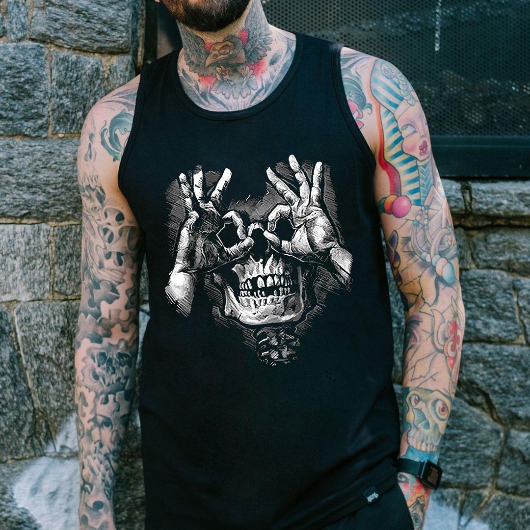 Funny Skull with OK Gesture Graphic Black Print Vest