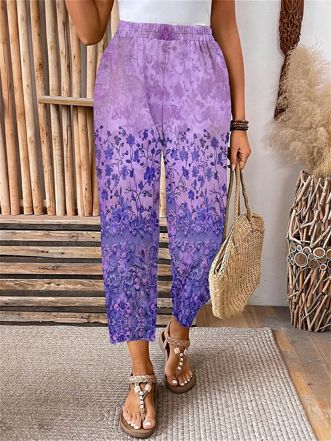 Plus Size Elastic Waist Purple,Floral,Bohemian Printed Pants