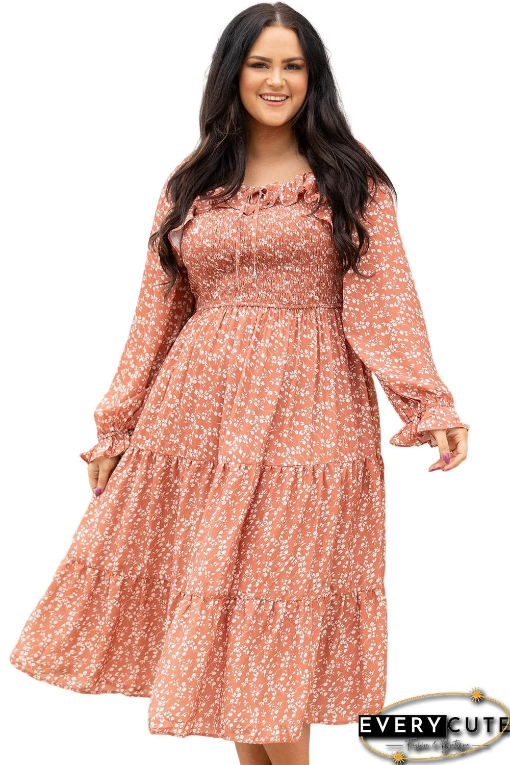 Orange Plus Size Floral Print Smocked Tiered Long Dress