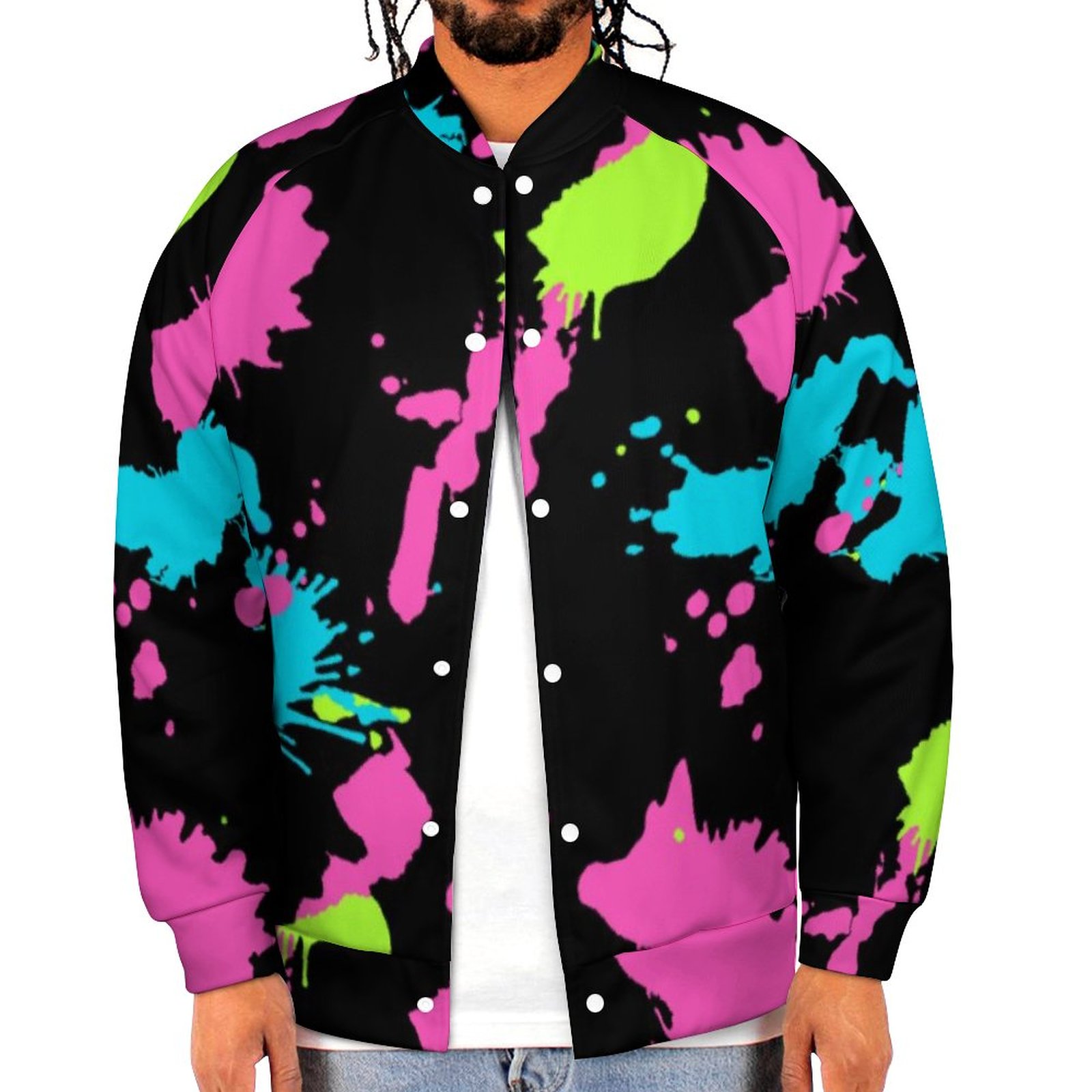 Retro 80S Neon Paint Splatter Colorful Abstract Sweatshirt Jacket Mens Casual Lightweight Button Up Bomber Jacket Outwear