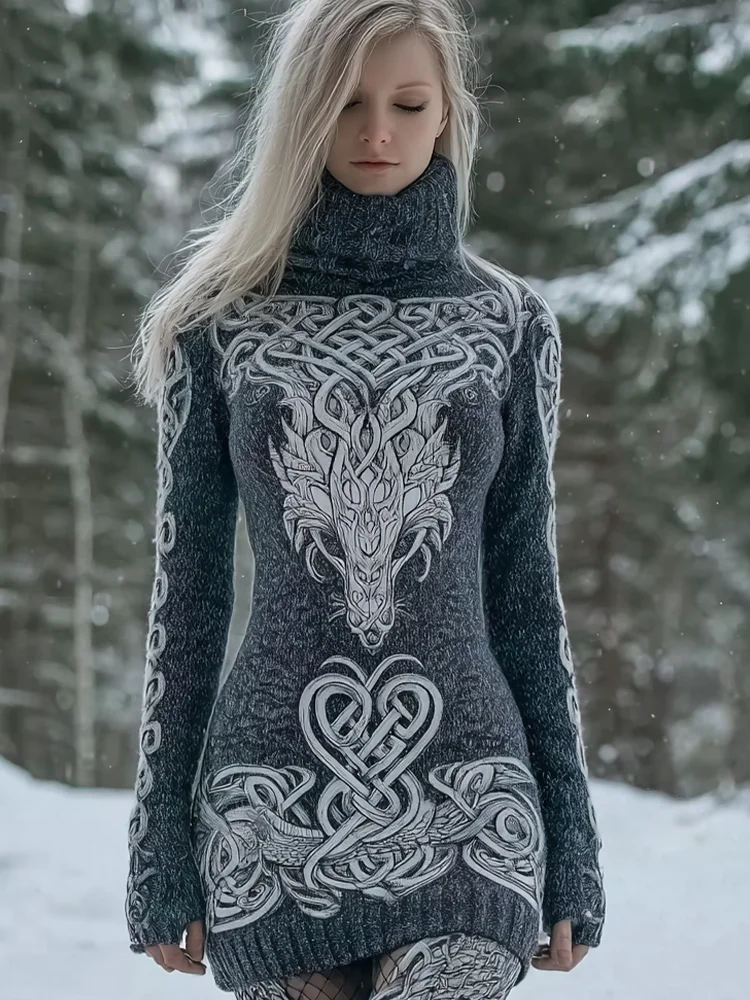 Vintage Viking Celtic Style Dragon Pattern Women's High Neck Sweater Dress
