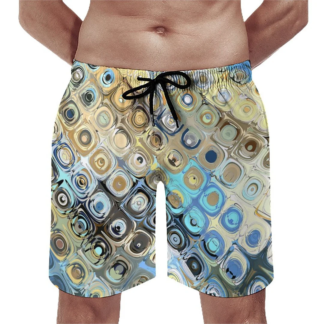 Abstract Gold And Blue Stripes Men's Swim Trunks Summer Board Shorts Quick Dry Beach Short with Pockets