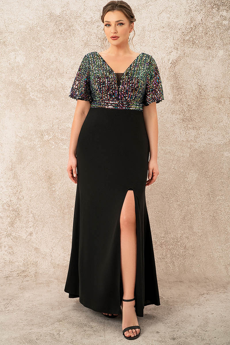 Flycurvy Plus Size Evening Gowns Colourful Sparkly V-neck Black High Split Bodycon Maxi Dress 2024 - Flycurvy 