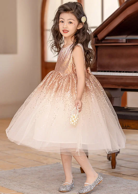 Classy Beige O-Neck Wrinkled Tulle Girls Long Dress Sleeveless