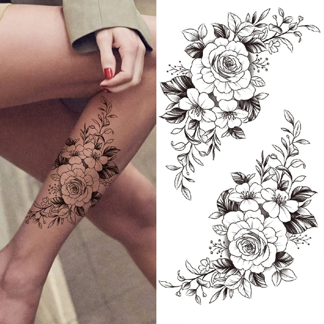 Realistic Fake Peony Temporary Tattoos For Women Girl Black Rose Elephant Flower Tattoo Sticker Tiger Anemone Tatoos Half Sleeve 530-1