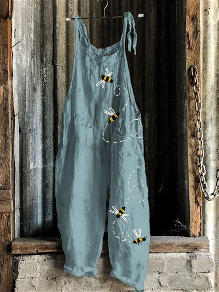 Comstylish Flying Bees Embroidered Linen Blend Jumpsuit