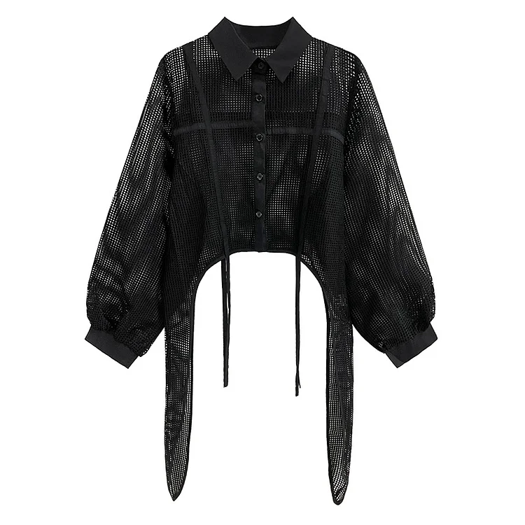 Fashion Solid Color Turn-down Collar Perspective Grid Hollow Out Irregular Crop Shirt      