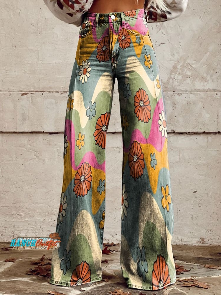 Women’s Vintage Floral Daisy Print Casual Wide Leg Pants Multicolor / Xs