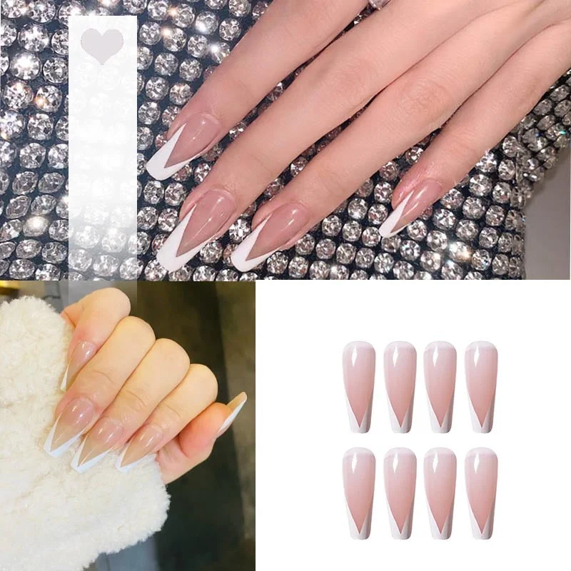 24PCS/box artificial nails with glue Milky white pink Gradients long Ballet Nail stick fake nail tips full cover acrylic-Nail Inspo