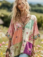 Women's Vintage Floral Print V-neck T-shirt - Image 3