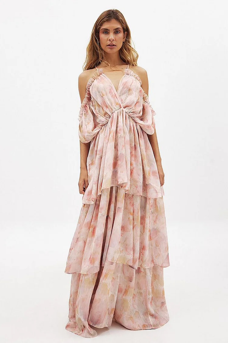 Off Shoulder V Neck Floral Print Tiered Hem Slip Maxi Dresses-Pink [Pre Order]