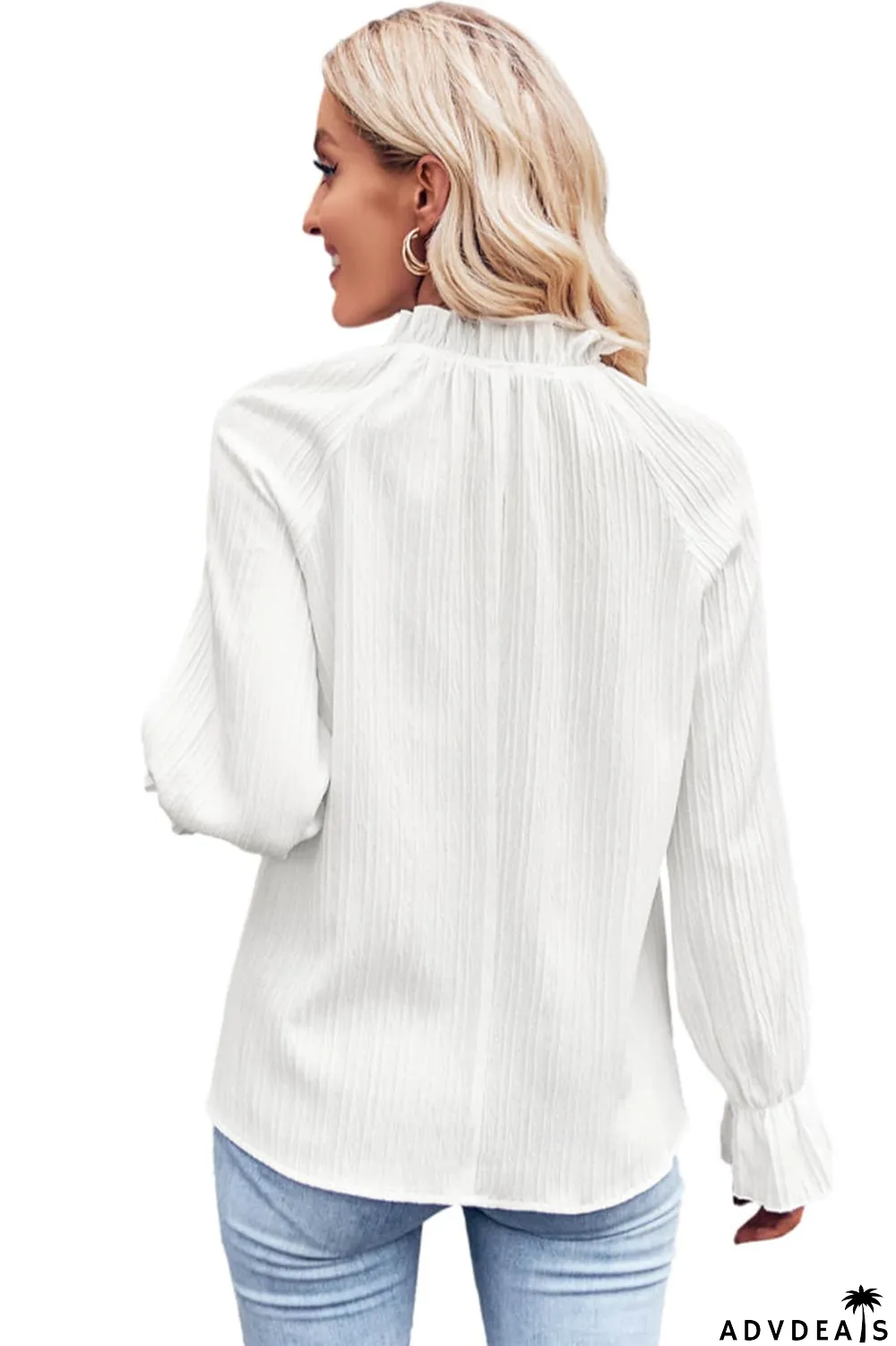 White Frilled Mock Neck Ripple Bubble Sleeve Blouse