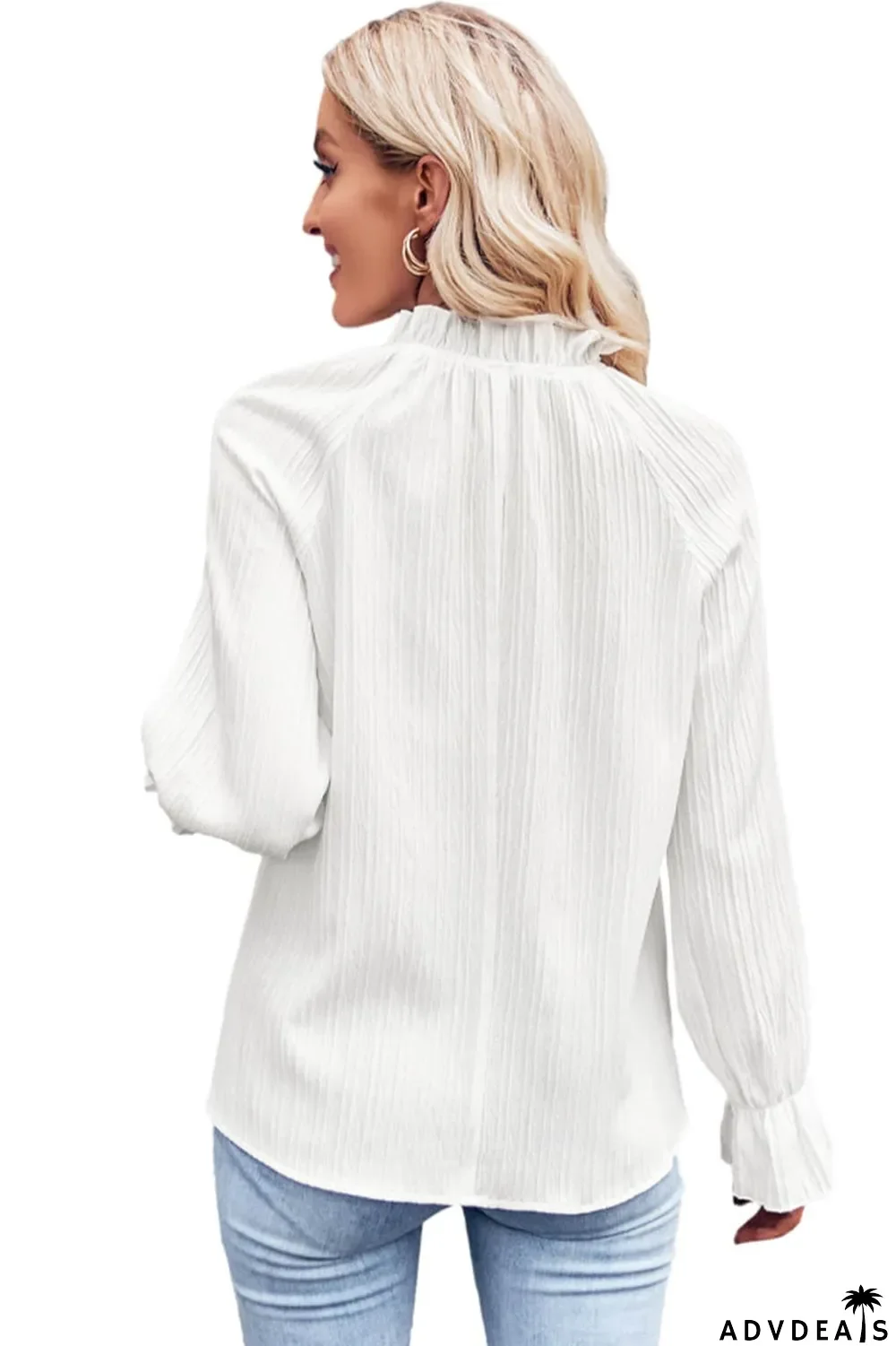 White Frilled Mock Neck Ripple Bubble Sleeve Blouse