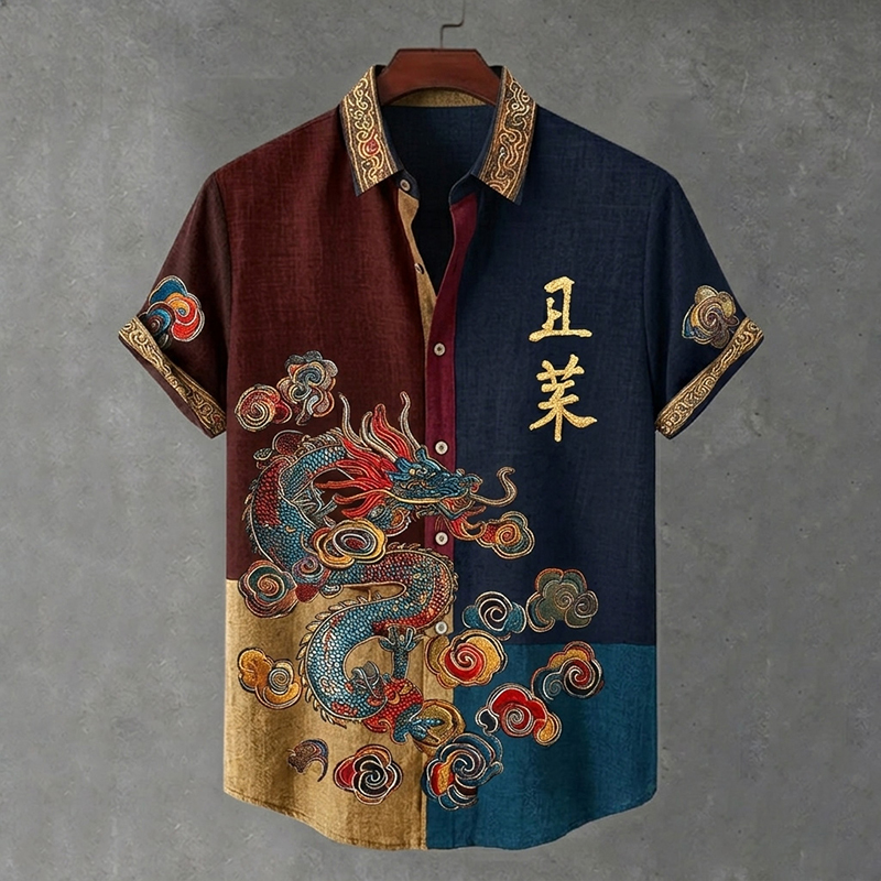 Men's Retro Japanese Dragon Print Short-sleeve Shirt  artssus