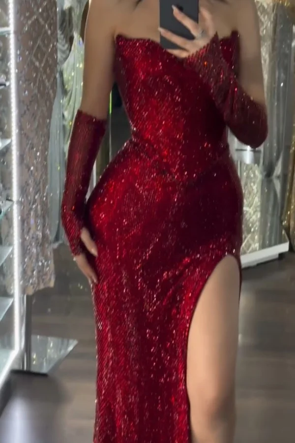 Hellodresses Sequin Strapless Long Mermaid Prom Dress With Split Detachable sleeves