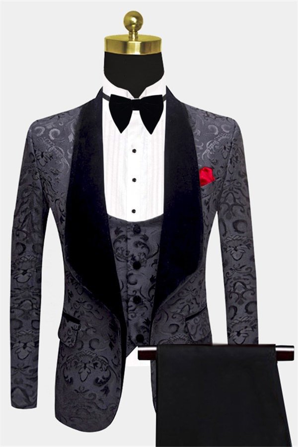 Glamorous 3 Pieces Men Suits With Black Jacquard Dinner Suits For Prom | Ballbellas Ballbellas