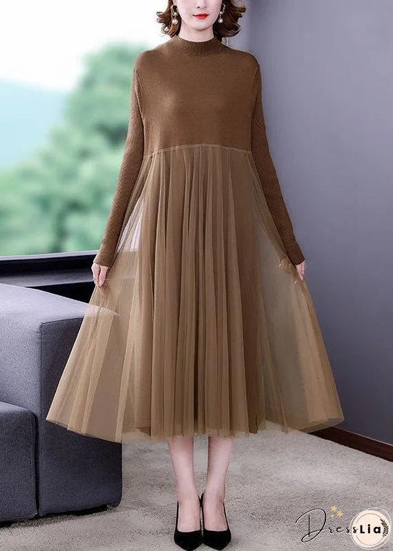 Unique Khaki Stand Collar Tulle Patchwork Knit Long Dress Long Sleeve