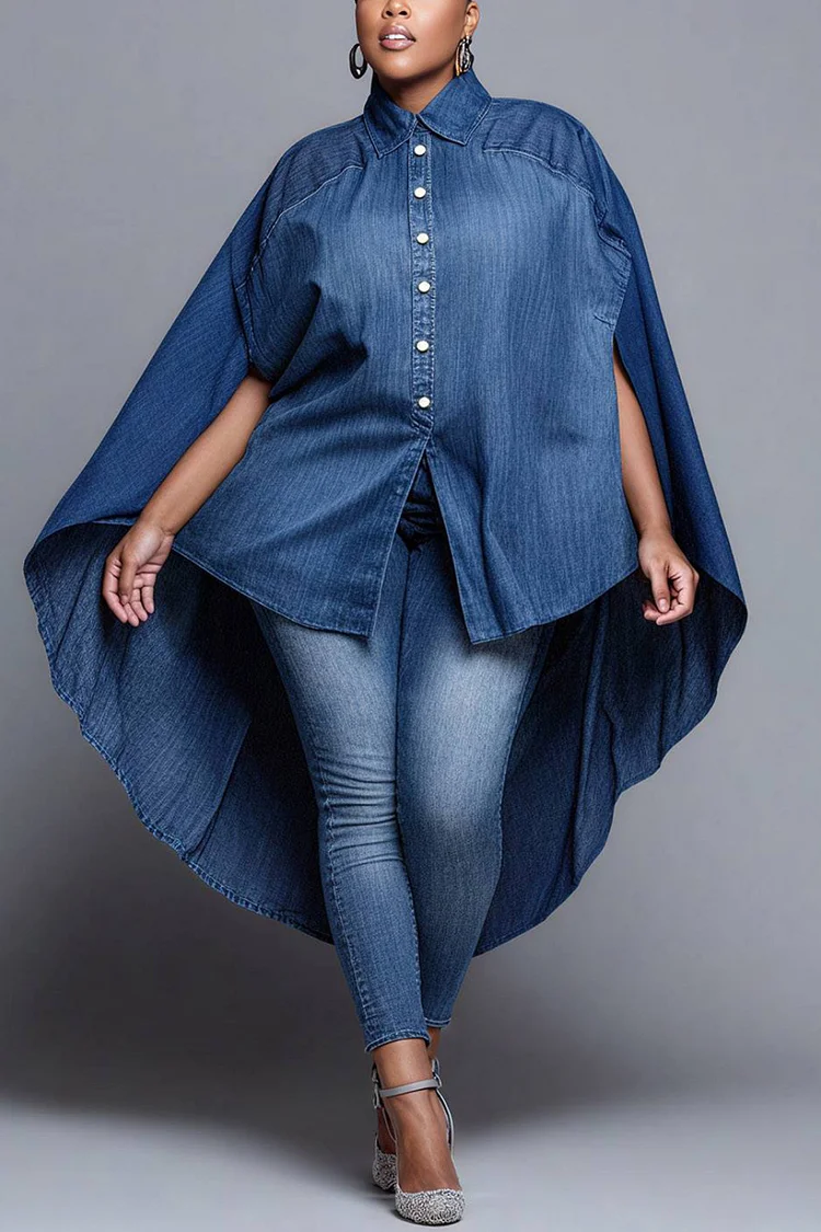 Xpluswear Design Plus Size Business Casual Light Blue Shirt Collar Cape Sleeve Half Sleeve Asymmetric Hem Elegant Tencel Denim Jacket [Pre-Order]