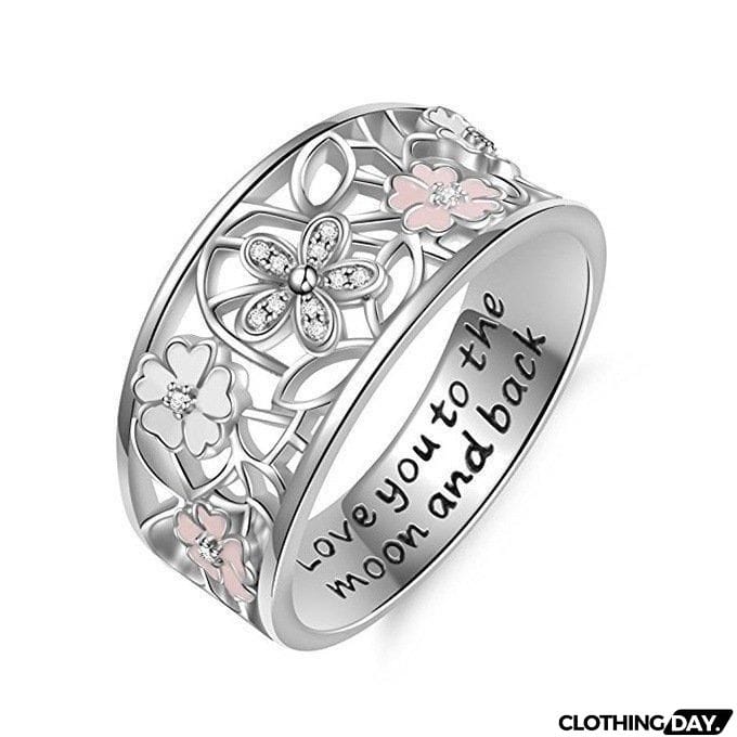 Pink Flower Glamour Letter Engraved Finger Ring