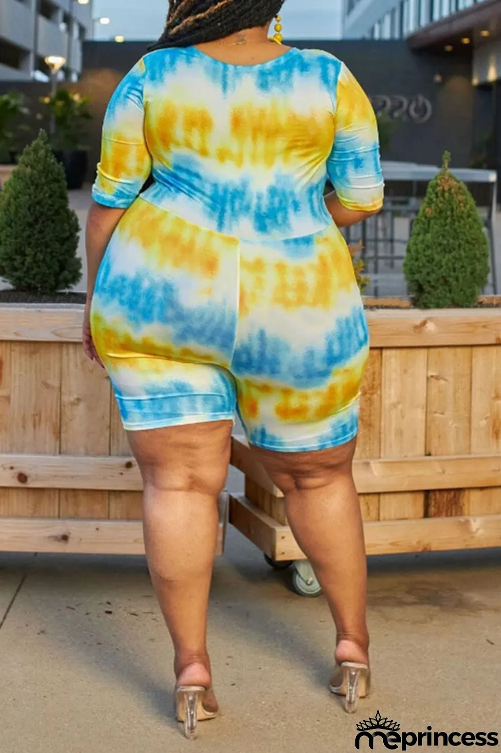 Yellow and blue Cotton England O Neck Print Tie Dye Pattern Plus Size