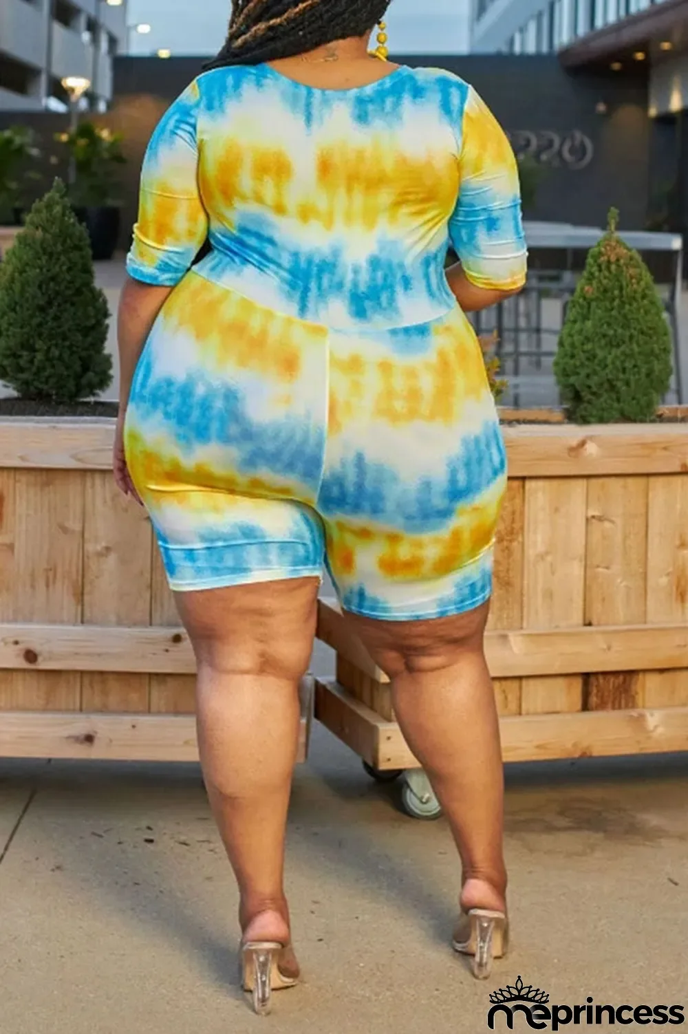 Yellow and blue Cotton England O Neck Print Tie Dye Pattern Plus Size