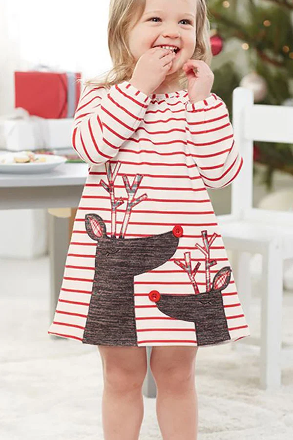 Cute Crew Neck Long Sleeve Stripe Christmas Reindeer Print Dress Pink-elleschic